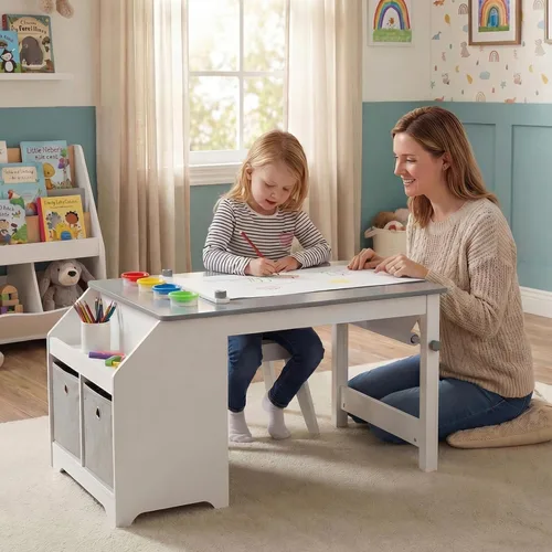 Miniatura 8 de HONEY JOY Juego de mesa y silla de arte para niños, juego de actividades de artesanía de madera con rollo de papel, estante de almacenamiento
