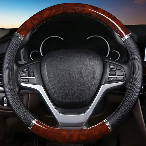 Miniatura 2 de Funda de cuero para volante con textura de grano de madera, protector elástico de volante para coche y SUV, universal de 38 cm, antideslizante