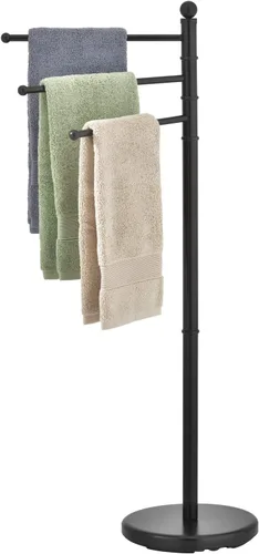 MyGift Toallero de pie para baño, toallero independiente de 40 pulgadas con 3 brazos de barra giratorios, soporte de toalla colgante negro mate