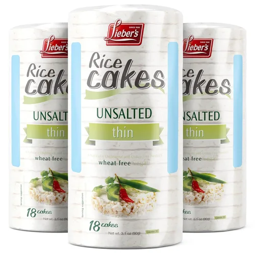 LIEBERS Tortas de arroz, bocadillo certificado Kosher, sin lácteos, sin trigo, sin gluten y opciones veganas (paquete de 3) (sin sal)