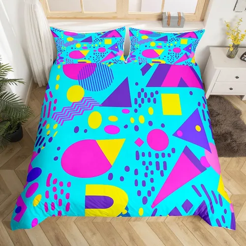 Miniatura 26 de Juego de funda de edredón retro de los años 80 y 90 para hombres y niños, tamaño matrimonial, con formas geométricas redondas triangulares, funda