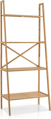 Miniatura 9 de Giantex Estantería de bambú de 4 niveles, estantes de almacenamiento multifuncionales con dispositivo antivuelco, estante de escalera de bambú