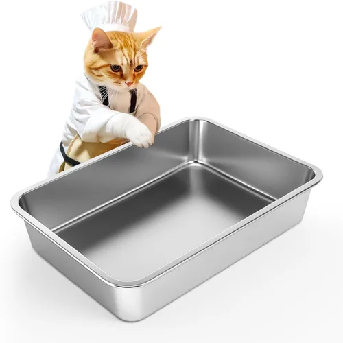 IKITCHEN Caja de arena de acero inoxidable para gatos, bandeja de arena de metal grande para gatos, caja de arena para gatos nunca absorbe olores,