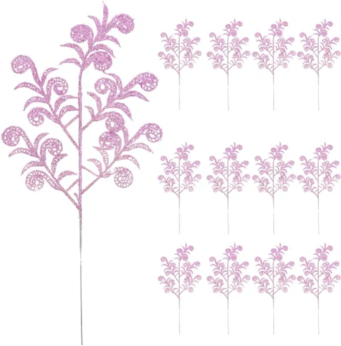 EXCEART 14 piezas de púas de árbol de Navidad con purpurina rizada en aerosol de hojas artificiales, tallo de hojas de Navidad, ramitas para árbol