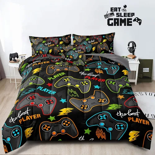 Miniatura 6 de Juego de ropa de cama gaming de 5 piezas tamaño Twin para niños, juego de edredón gamer para niños, niñas, adolescentes, 5 piezas de ropa de cama