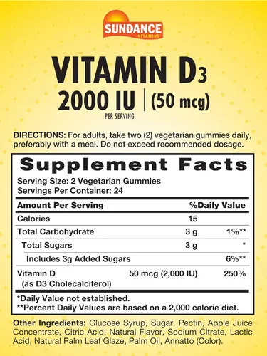 Miniatura 2 de Sundance Gomitas de vitamina D3 2000 UI 48 unidades Sabor a piña Suplemento vegetariano, sin OMG y sin gluten