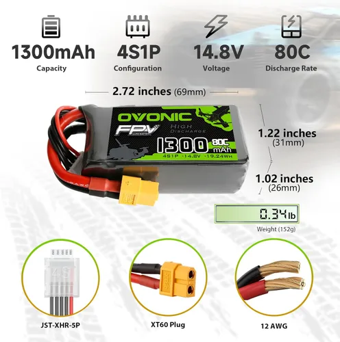 Miniatura 2 de OVONIC 4S Lipo Batería 80C 1300mAh 14.8V Lipo Batería con XT60 Conector para RC FPV Racing Drone Quadcopter