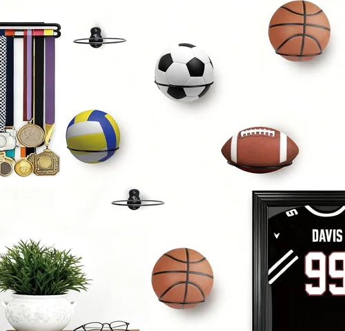 Miniatura 8 de Soporte de pared para baloncesto, soporte de bola de metal de 7 pulgadas de diámetro, almacenamiento de pelotas para baloncesto, fútbol, voleibol