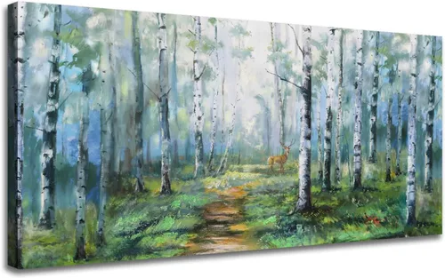 Enartly Arte de pared de paisaje grande para sala de estar y dormitorio, decoración de pared de abedul blanco, lienzo de bosque verde, pintura de