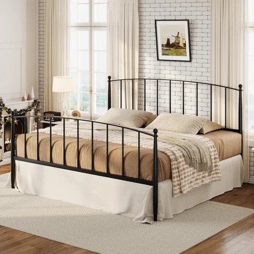 SHA CERLIN Base de cama de metal tamaño King con cabecera y estribo de estilo victoriano, fácil montaje, no necesita somier, color negro