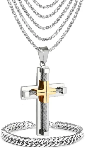 JUNOVUROS Juego de collar de cruz para hombre grande y pequeño con 5 cadenas Rolo y 1 pulsera cubana, regalo de joyería religiosa con cruz de