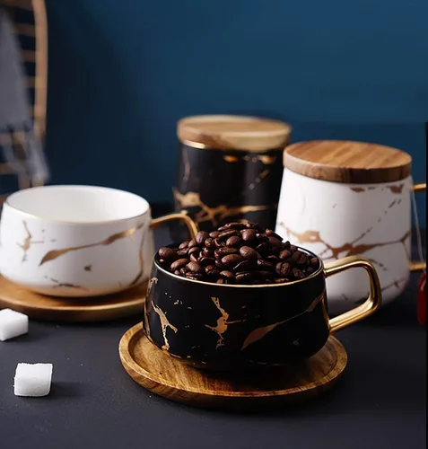 Miniatura 3 de Jusalpha Juego de taza de té de 10 oz con impresión de mano dorada y platillo/Juego de taza de café y platillo de bambú TCS19 (Negro)