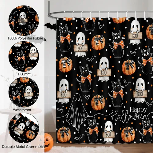 Miniatura 5 de Mocsicka Cortina de ducha de Halloween con dibujos animados, fantasma, lindo gato negro, calabaza, cortina de ducha de baño, cortina de ducha