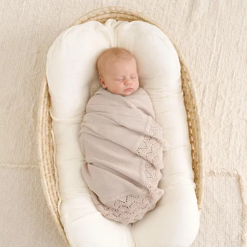 Miniatura 2 de Hadetoto Manta de bebé de 31 x 40 pulgadas, manta de punto de algodón suave para niños recién nacidos, cuna, guardería (beige)