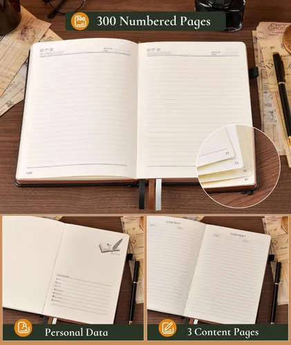 Miniatura 6 de Diario vintage de cuero con 300 páginas numeradas, diario rayado A4 para hombres y mujeres, diarios para escribir, cuaderno de rayas universitarias