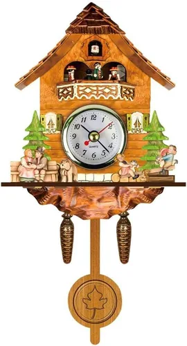 FITBEST Reloj de cuco tradicional de madera hecho a mano con pájaros, funciona con pilas, reloj de cuarzo de péndulo de pared para decoración del