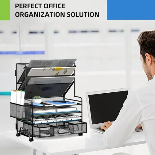 Miniatura 5 de MINDEPOT Organizador de papel de 4 niveles + soporte para archivos de 3 bolsillos + cajón + soportes para bolígrafos, organizador de archivos