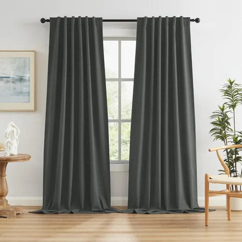 Miniatura 10 de Paneles de cortinas de ventana 100% opacas, con trabillas traseras, bolsillo para barra, gancho, cinturón, aspecto plisado, cortinas para sistema