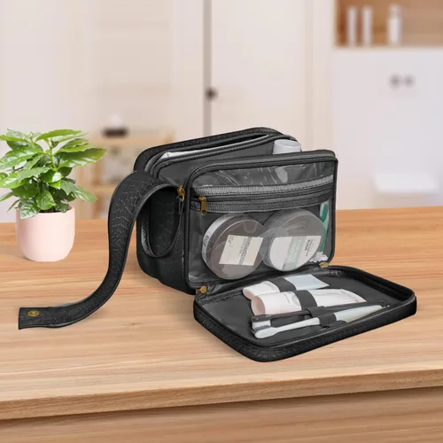 Miniatura 4 de Dot&Dot Neceser de cuero para hombres y mujeres – Espaciosas bolsas de artículos de tocador de viaje para mujer (cocodrilo negro)