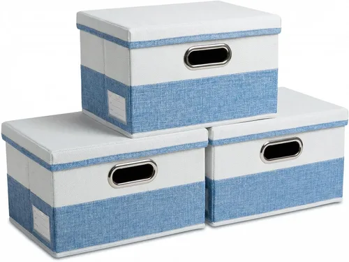 Miniatura 15 de PRANDOM Contenedor de almacenamiento plegable con tapa [1 unidad] Caja de almacenamiento decorativa de tela de lino, cesta organizadora con asas