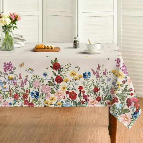 Horaldaily Mantel de primavera rectangular de 52 x 70 pulgadas, diseño de flores vintage, color beige, lavable, cubierta de mesa estacional para
