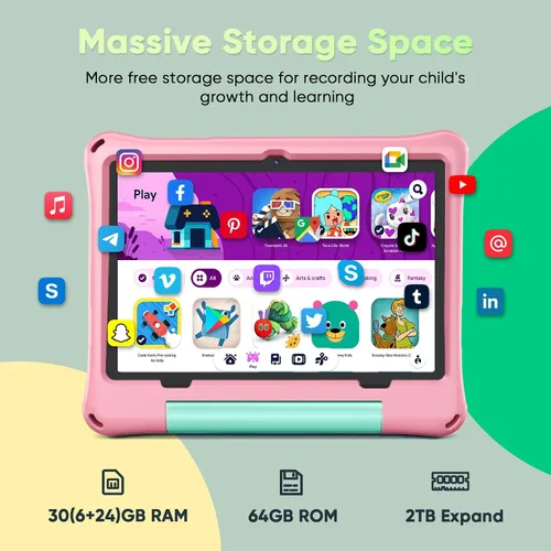 Miniatura 5 de aiprotablet Tableta para niños, Android 16 para niños de 10 pulgadas, Octa-Core 2.2 GHz con funda, 30 GB de RAM 64 GB ROM, 2 TB expandir, control