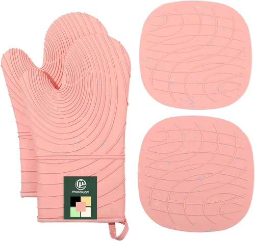 Miniatura 10 de Juego de 4 guantes para horno y soportes para ollas, resistentes al calor, 500 grados, extra gruesos, largos, de algodón, para cocina
