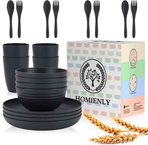 Miniatura 6 de Juegos de vajilla de paja de trigo, Homienly 20 piezas de vajilla irrompible apta para microondas y lavavajillas, cubiertos ligeros, cuencos, tazas