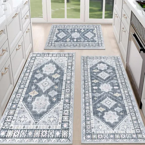 Miniatura 9 de HEBE - Juego de alfombras de cocina bohemias de 3 piezas con corredor, alfombras de cocina antideslizantes y tapetes lavables para piso de cocina