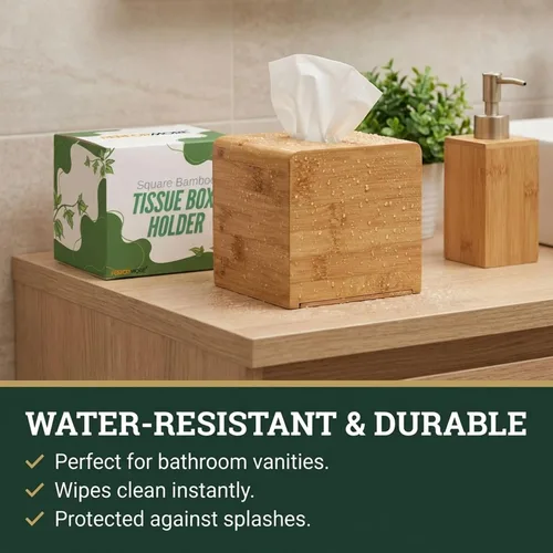 Miniatura 4 de Performore Funda cuadrada de bambú para caja de pañuelos, elegante soporte de papel facial de madera resistente al agua para baño, escritorio