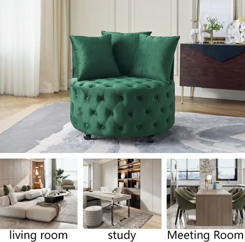 Miniatura 7 de Silla giratoria de barril de terciopelo con 3 almohadas y 4 ruedas, sofá de 360 grados, moderna silla tapizada con botones para sala de estar, Verde