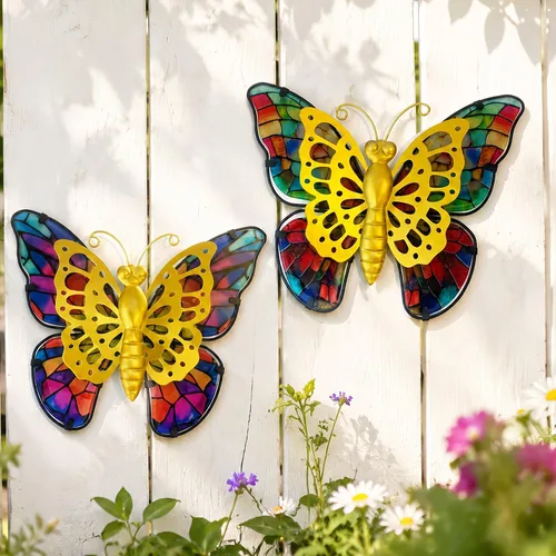 Miniatura 10 de HONGLAND Decoración de pared de mariposa de metal, escultura de arte para interiores y exteriores, decoración de cristal colgante azul