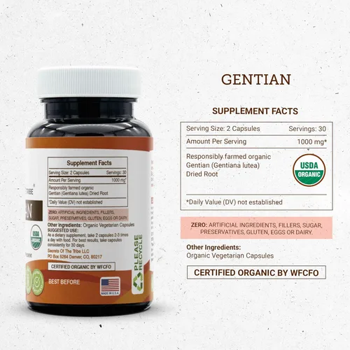 Miniatura 4 de Secrets of the Tribe Genciana 60 cápsulas, 1000 mg, USDA Organic Cultivado responsablemente Genciana (Gentiana Lutea) raíz seca (60 cápsulas)