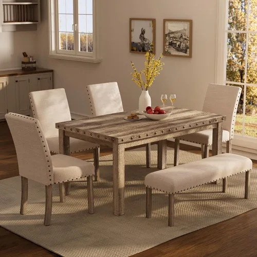 Miniatura 11 de Morden Fort Juego de Comedor Estilo Granja para 4, Mesa Rectangular de Madera de 60" y 4 Sillas Tapizadas con Detalles de Tachuelas, Juego de Mesa