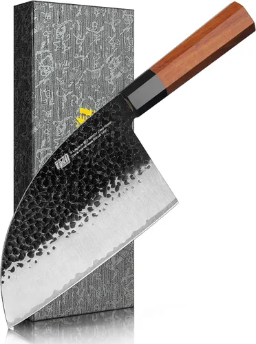 FINDKING Dynasty Series - Cuchillo de chef serbio con funda de cuero, cuchilla de carnicero resistente, hoja de acero de alto carbono 9Cr18MoV,
