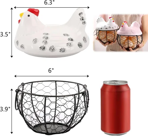 Miniatura 2 de AVLA Canasta de huevos de pollo, canastas de recolección de huevos de alambre negro con tapa de cerámica para recolectar huevos frescos, soporte