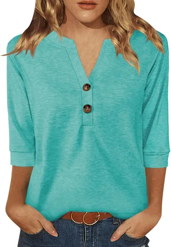 Miniatura 16 de Dimur Camisetas de manga 3/4 con cuello en V y botones para mujer, traje casual de negocios, camiseta básica de verano 2025