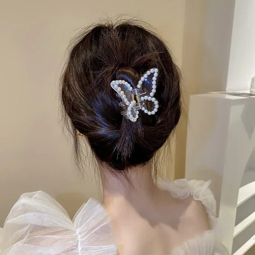 Miniatura 4 de Canitor Pinzas de mariposa para mujer, 3 piezas: pinzas para el cabello de mariposa para mujer, transparentes, perlas, cabello grueso y fino