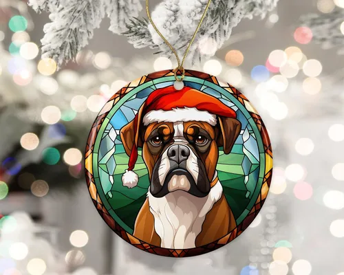 Miniatura 2 de Boxer - Adorno de cerámica con vitrales de Navidad, adorno colgante para árbol de Navidad, adorno de vitral de perro, adorno religioso