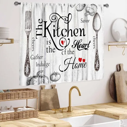 Miniatura 4 de Cortinas Rústicas de Cocina, Tenedor Cuchara Retro Tablón de Madera Granja País Tema de Cocina Citas Divertidas Tratamiento de Ventana
