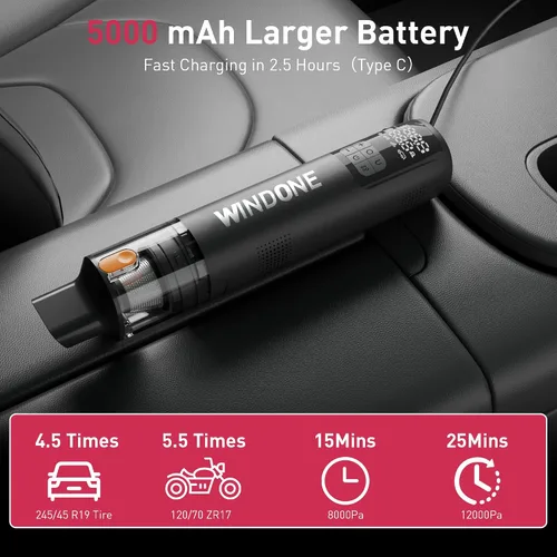 Miniatura 5 de Windone Aspiradora para automóvil, limpiador 2 en 1 de 12000 Pa e inflador de neumáticos de 150 PSI, motor sin escobillas de 60 W, aspiradora
