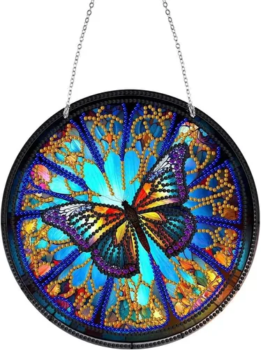 LUSandy DIY 5D Colorful Butterfly Diamond Kits de pintura de diamantes para colgar letrero de arte de pared, arte de diamante, atrapasoles, adorno