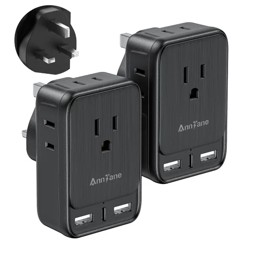 Paquete de 2 adaptadores de viaje de Estados Unidos a Reino Unido, adaptador tipo G para viaje con 4 tomas, 3 puertos de carga USB, adaptador de