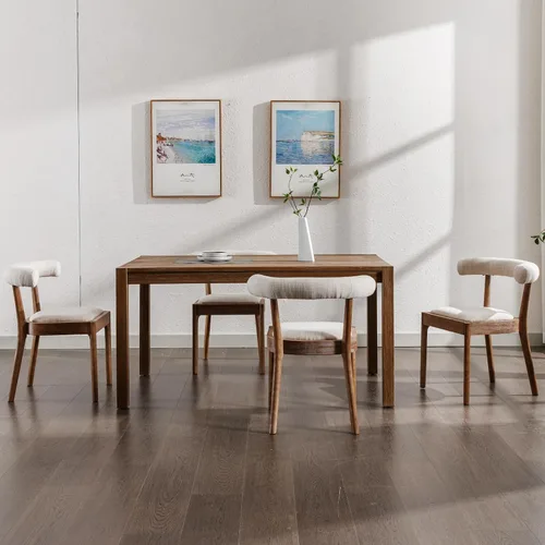 Miniatura 6 de Kmax Sillas de comedor de mediados de siglo, sillas de cocina de tela moderna con marco con acabado de nogal natural, respaldo curvado de lino, beige