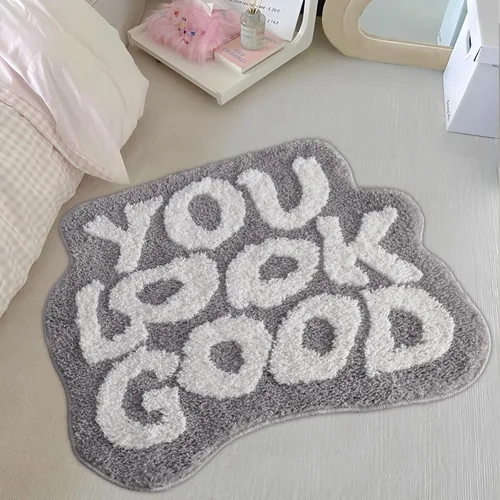 Miniatura 10 de Alfombra de baño negra con texto en inglés "You Look Good", alfombra de baño divertida, bonita, antideslizante, de microfibra, de felpa, pequeña