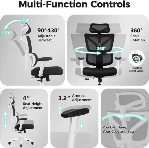 Miniatura 8 de Silla de oficina ergonómica con respaldo alto y soporte lumbar, silla de computadora de malla transpirable con reposabrazos ajustables, silla Blanco