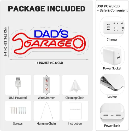 Miniatura 7 de Dad’s Garage Neon Sign, LED Garages Wall Decor for Man Cave Workshop, Gifts for Husband Dad Father Men, Red Blue