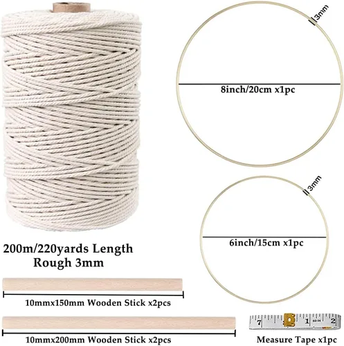 Miniatura 2 de Kit de macramé de 152 piezas para principiantes: cordón de macramé de algodón natural, anillos de madera y metal, cuentas, palos y aros, perfecto