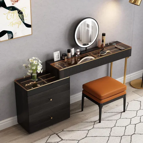 Lartis Tocador de maquillaje con taburete, muy fácil de montar, combinación de gabinete de TV retráctil, tocador en uno, súper almacenamiento