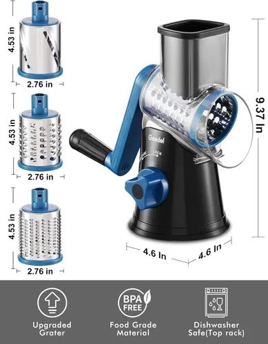 Miniatura 8 de Geedel Rallador rotativo de queso, cortador de verduras de mandolina de cocina con 3 cuchillas intercambiables, fácil de limpiar, rallador giratorio